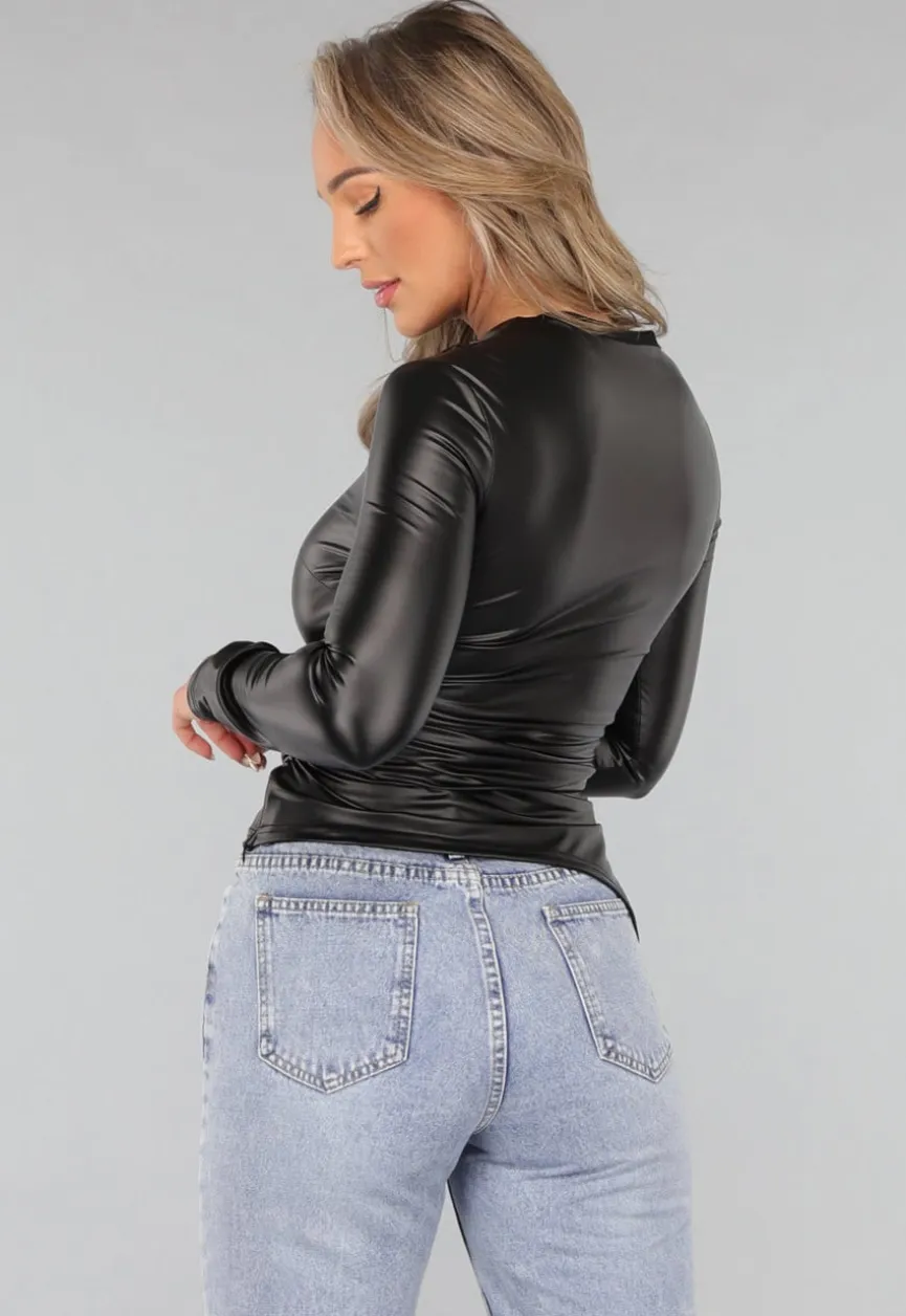 Zwarte Longsleeve Geplooide Lederlook Top