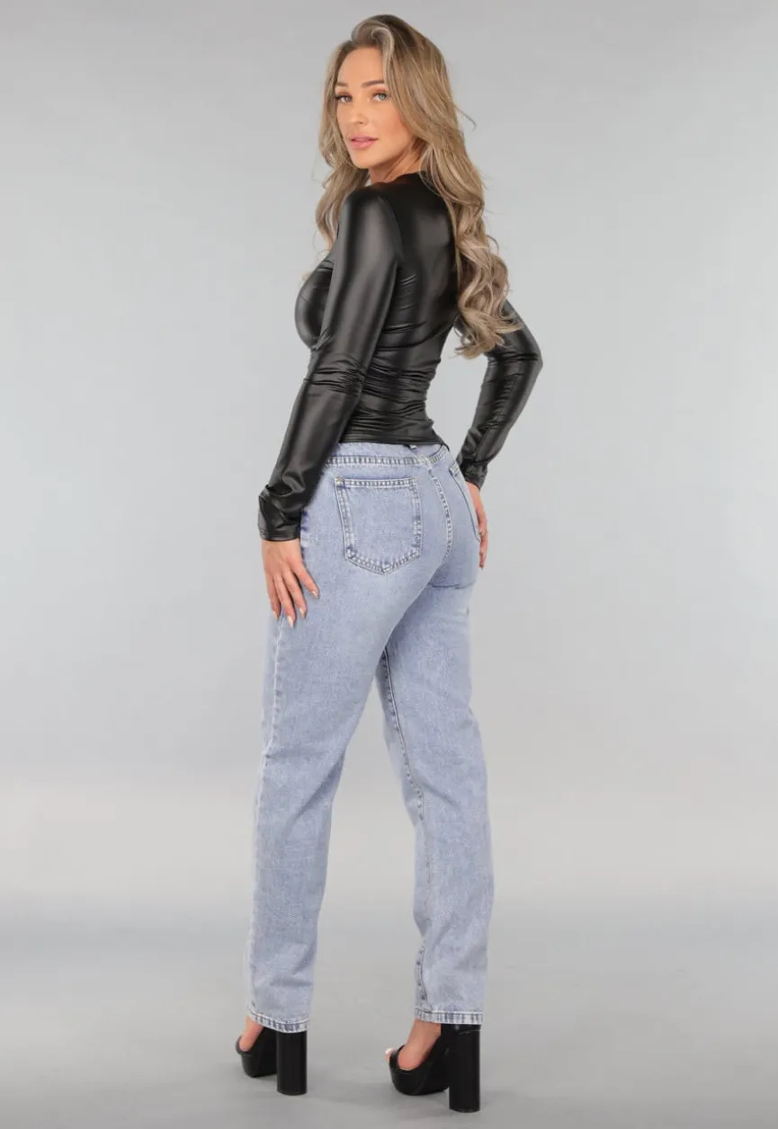 Zwarte Longsleeve Geplooide Lederlook Top