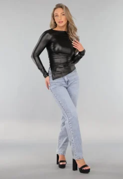 Zwarte Longsleeve Geplooide Lederlook Top