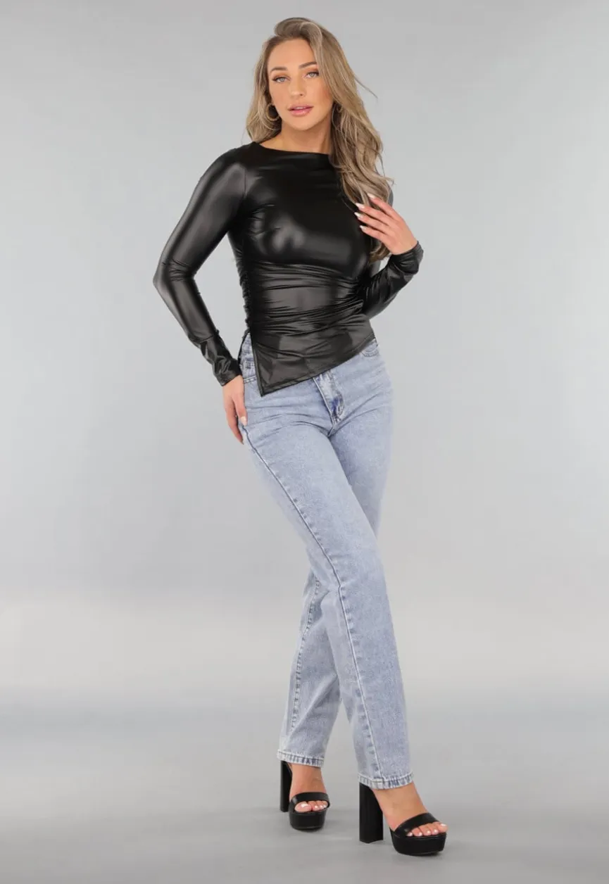 Zwarte Longsleeve Geplooide Lederlook Top