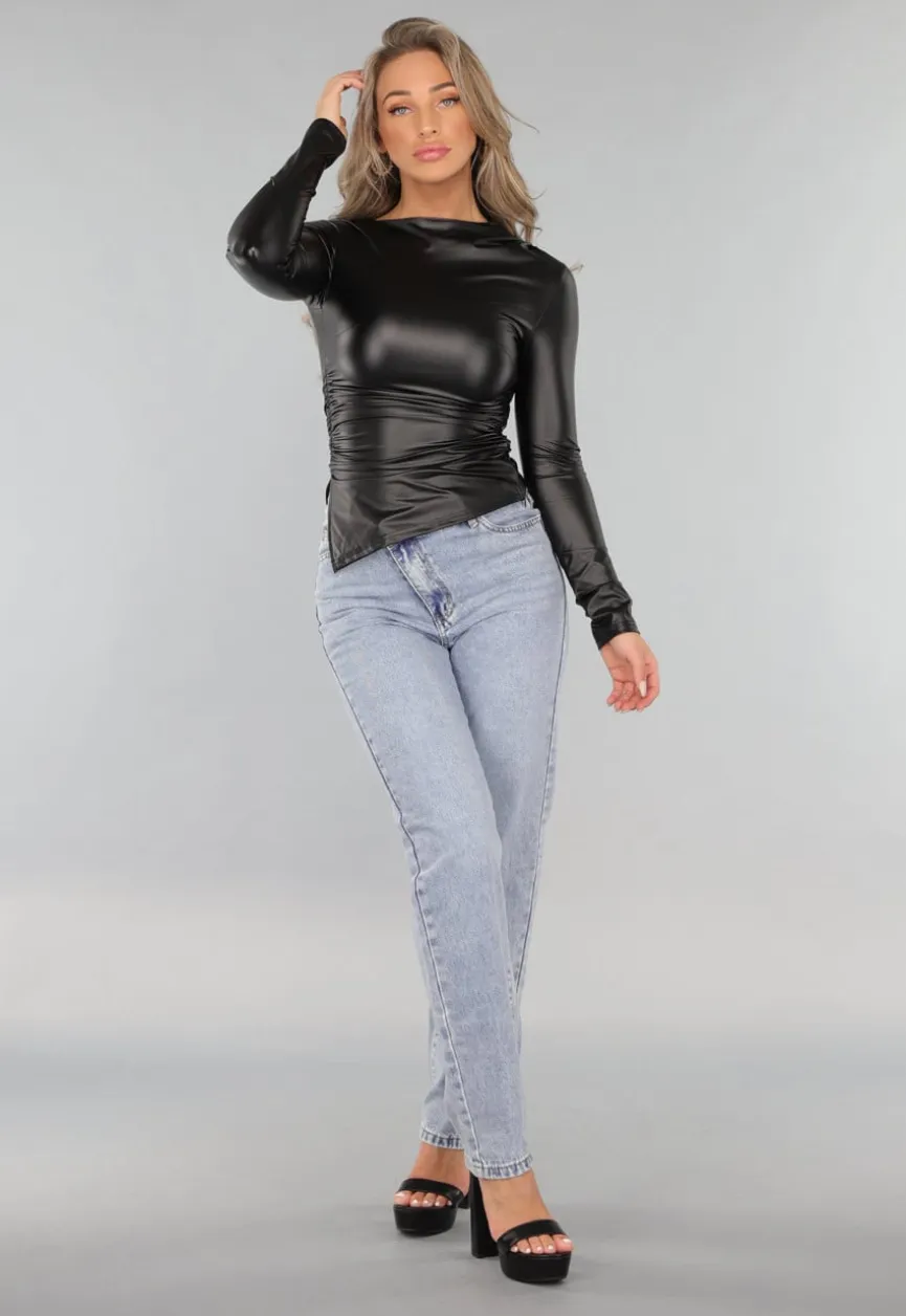 Zwarte Longsleeve Geplooide Lederlook Top