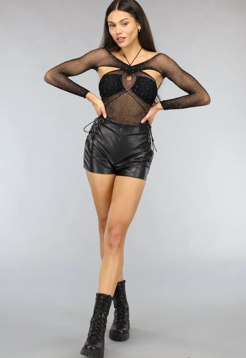 Zwarte Longsleeve Glitter Fishnet Bodysuit