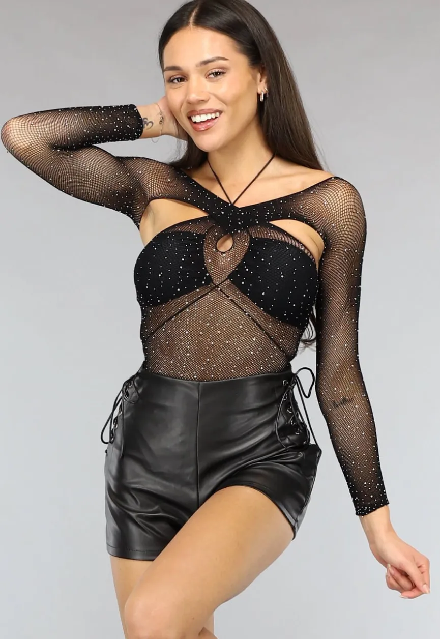 Zwarte Longsleeve Glitter Fishnet Bodysuit