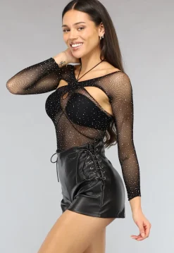 Zwarte Longsleeve Glitter Fishnet Bodysuit