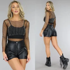 Zwarte Longsleeve Mesh Parel Top