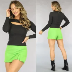 Zwarte Longsleeve Rib Top met Uitsnede