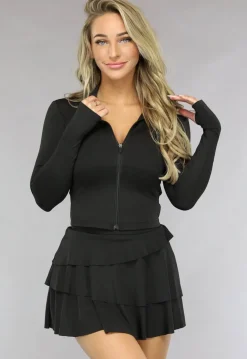 Zwarte Longsleeve Sporttop met Rits en Duimgaten