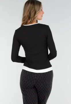 Zwarte Longsleeve Top met V-Hals en Witte Boorden