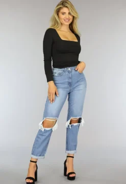 Zwarte Longsleeve Top met Vierkante Hals