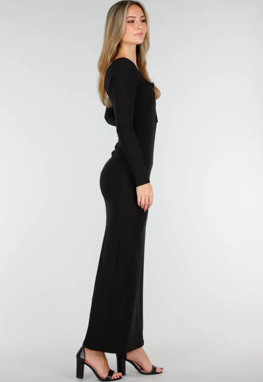 Zwarte Maxi Jurk met Diepe Halsuitsnijding en Lange Mouwen in Stretch