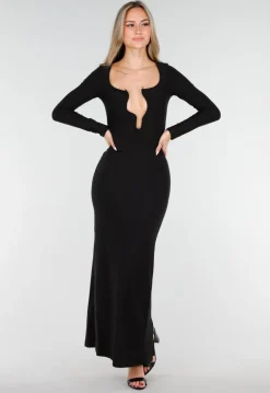 Zwarte Maxi Jurk met Diepe Halsuitsnijding en Lange Mouwen in Stretch