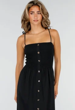 Zwarte Maxi Jurk met Smock Bodice, Strikbandjes en Knoopsluiting