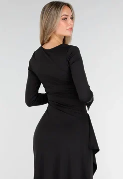 Zwarte Maxi Jurk met Vierkante Hals en Split in Stretch