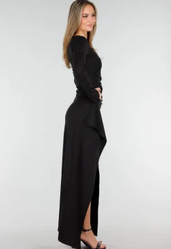 Zwarte Maxi Jurk met Vierkante Hals en Split in Stretch