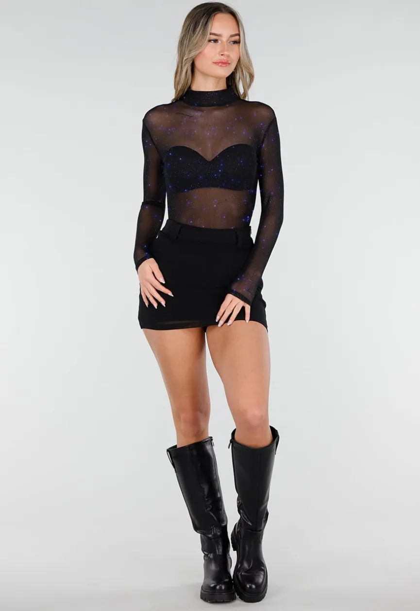 Zwarte Mesh Body met Blauwe Glitters en Lange Mouwen en Col