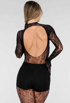 Zwarte Mesh Bodystocking met Stretch en Open Rug