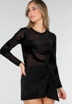 Zwarte Mesh Bodysuit met Flocked Print