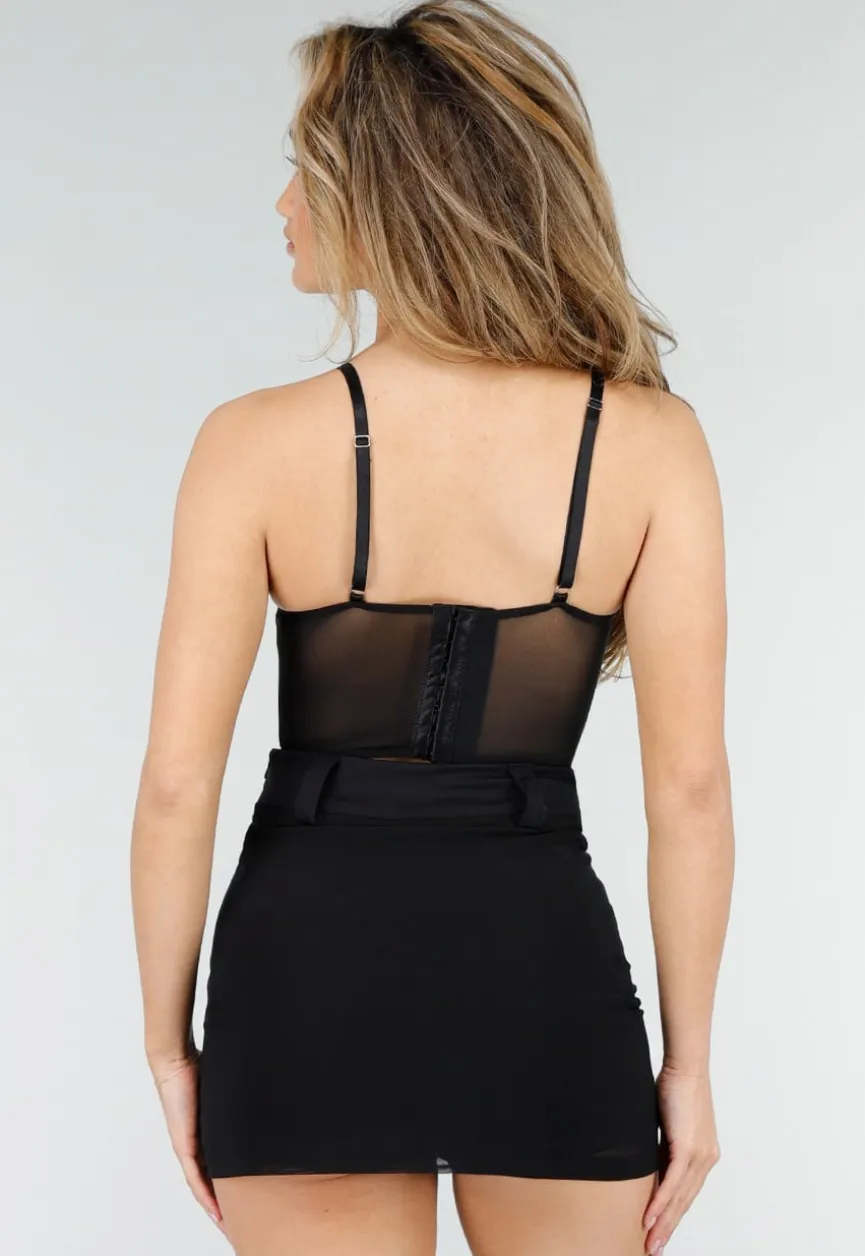 Zwarte Mesh Corset Top met Steentjes en Beugelcups