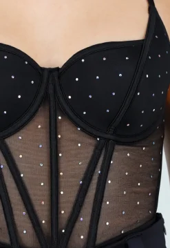 Zwarte Mesh Corset Top met Steentjes en Beugelcups