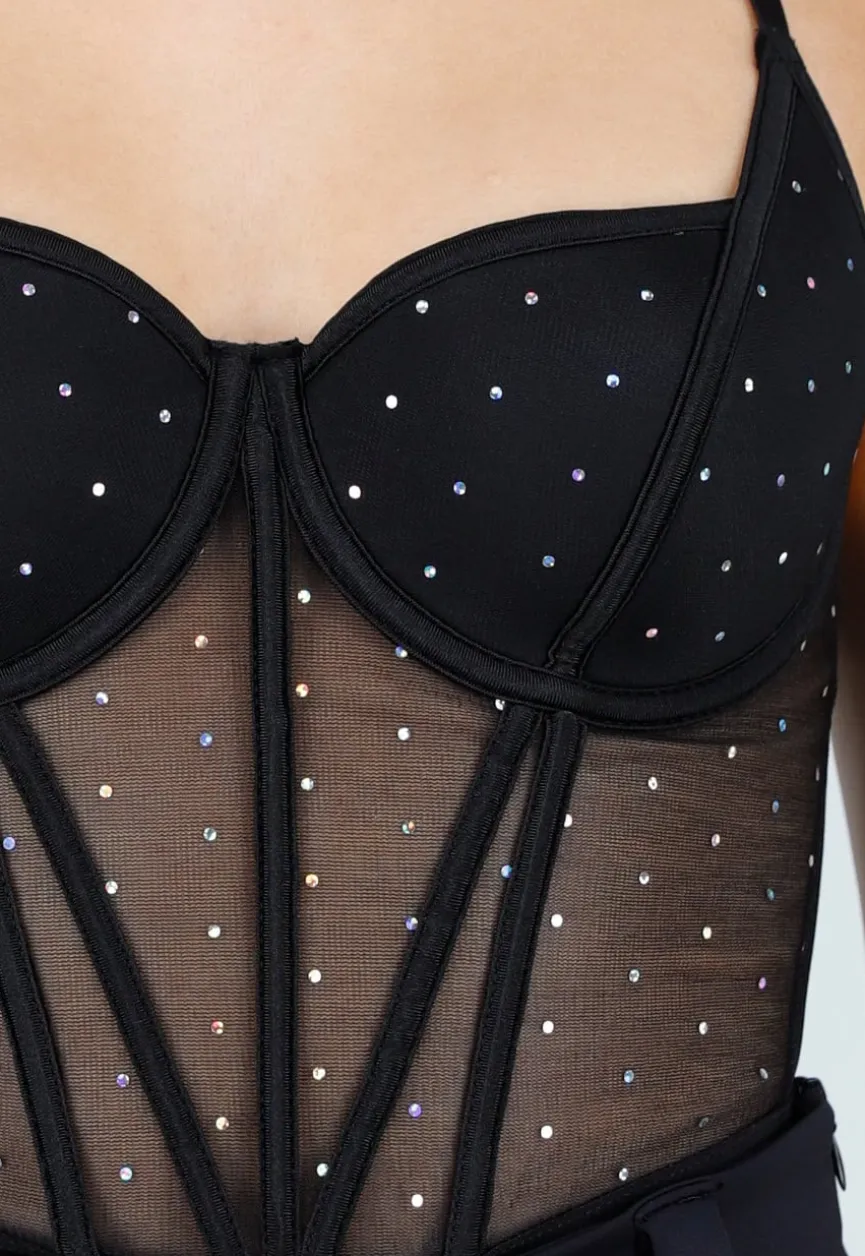 Zwarte Mesh Corset Top met Steentjes en Beugelcups