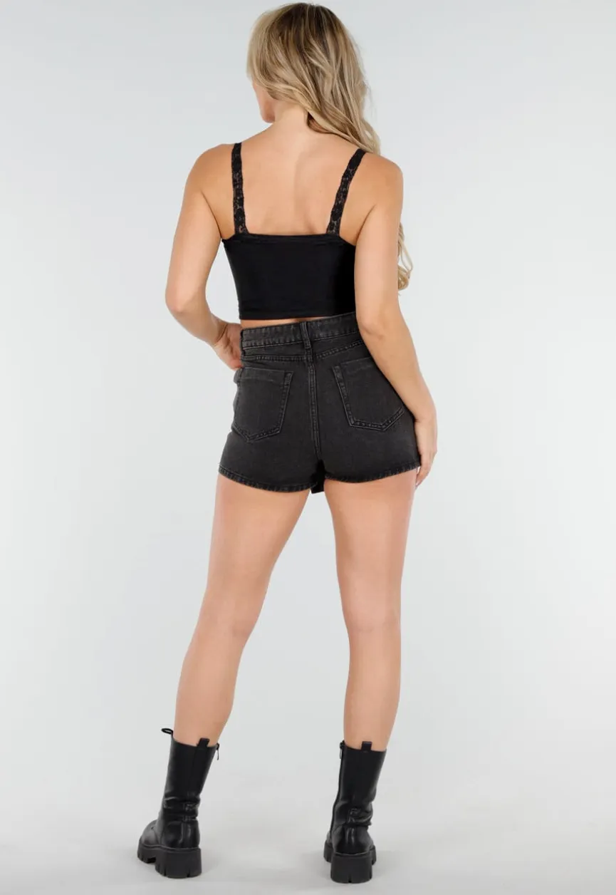 Zwarte Mesh Crop Top met Kant, V-Hals en Pads