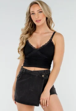 Zwarte Mesh Crop Top met Kant, V-Hals en Pads
