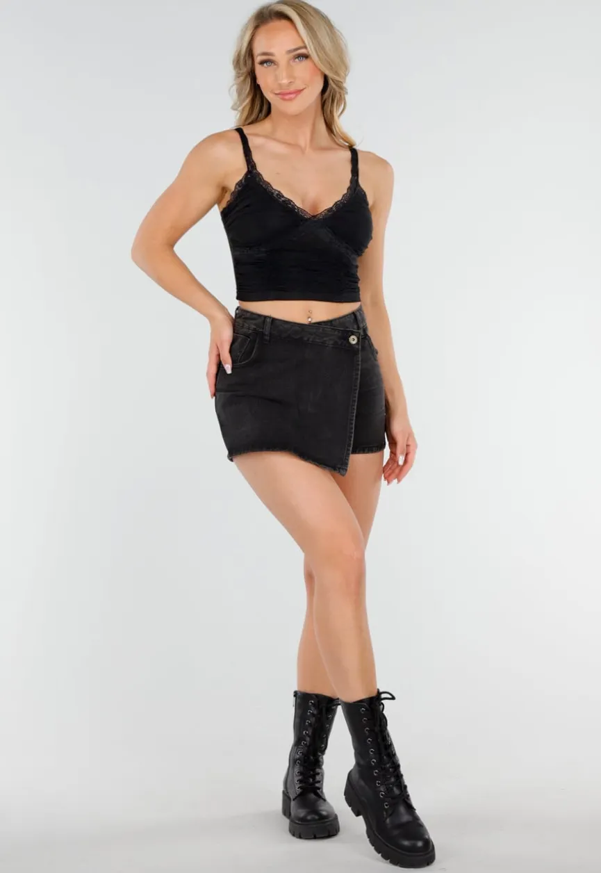 Zwarte Mesh Crop Top met Kant, V-Hals en Pads