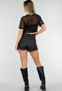 Zwarte Mesh Crop Top met Korte Mouwen