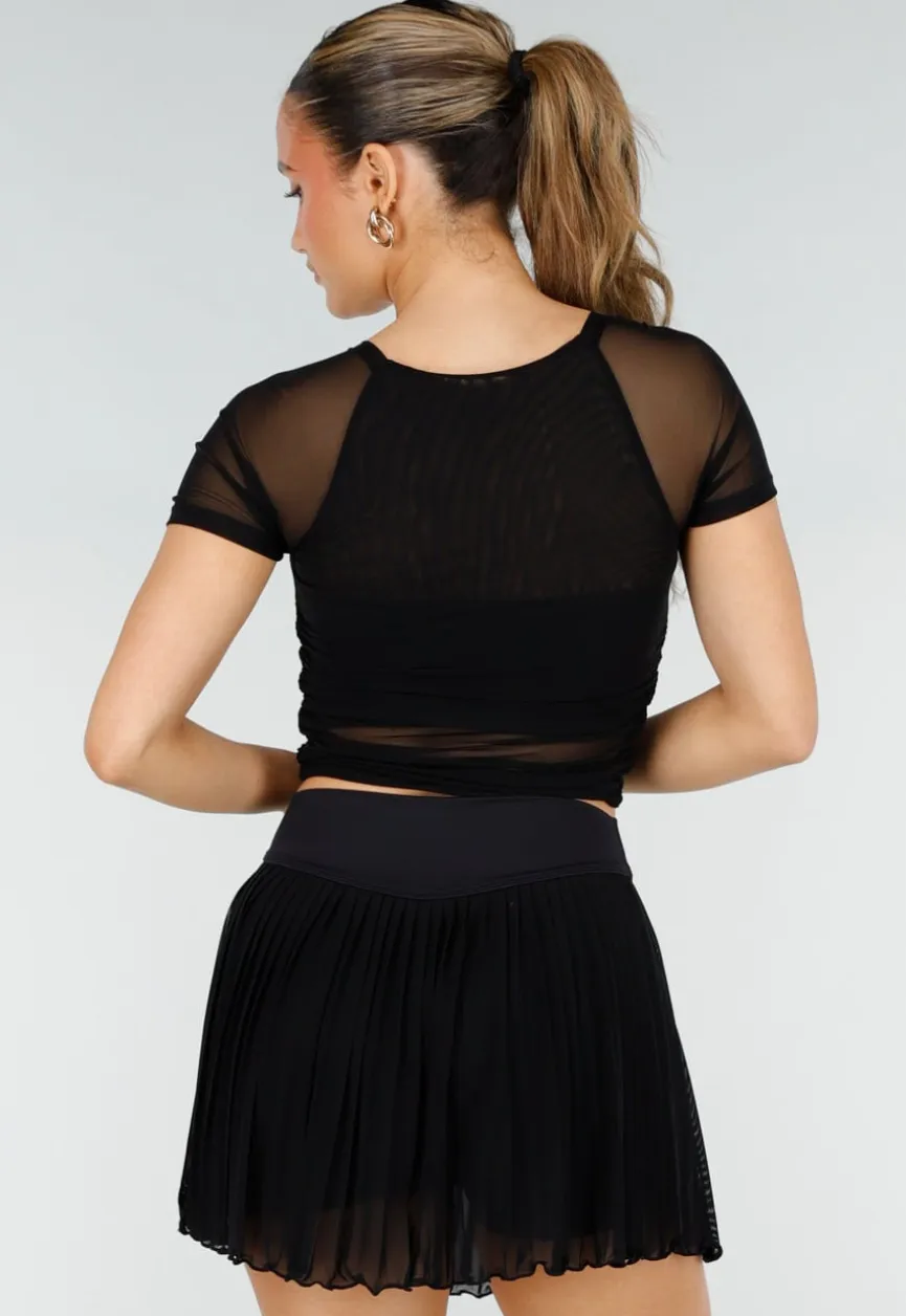 Zwarte Mesh Crop Top met Korte Mouwen en Pads