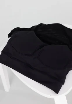 Zwarte Mesh Crop Top met Korte Mouwen en Pads