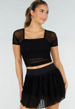 Zwarte Mesh Crop Top met Korte Mouwen en Pads