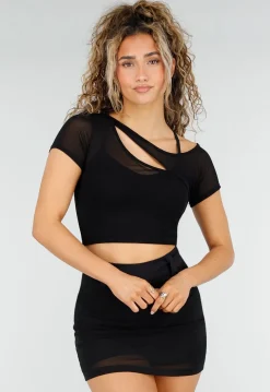 Zwarte Mesh Crop Top met Korte Mouw en Pads