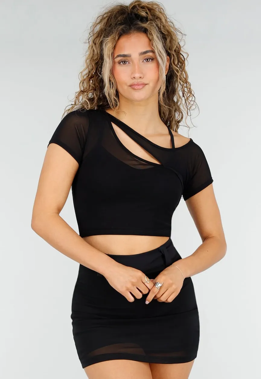 Zwarte Mesh Crop Top met Korte Mouw en Pads
