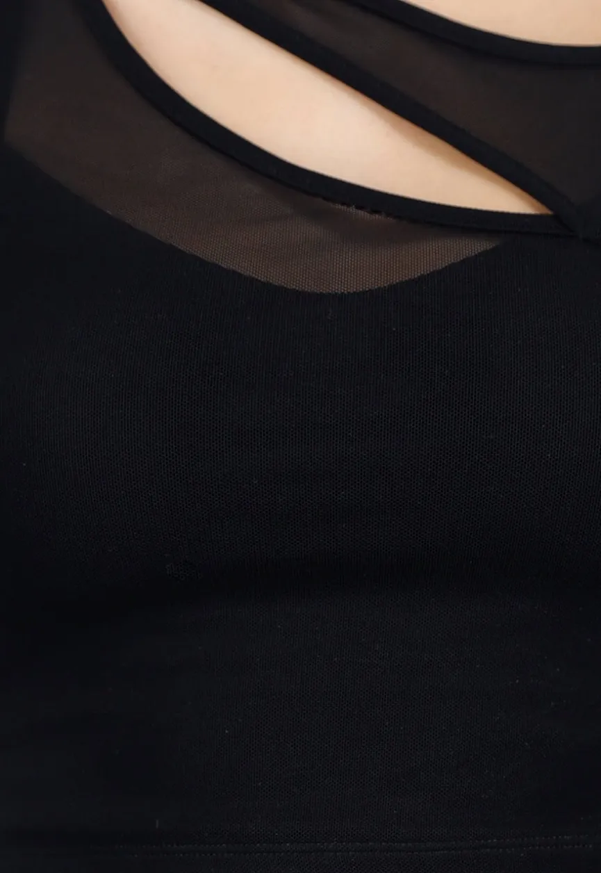 Zwarte Mesh Crop Top met Korte Mouw en Pads