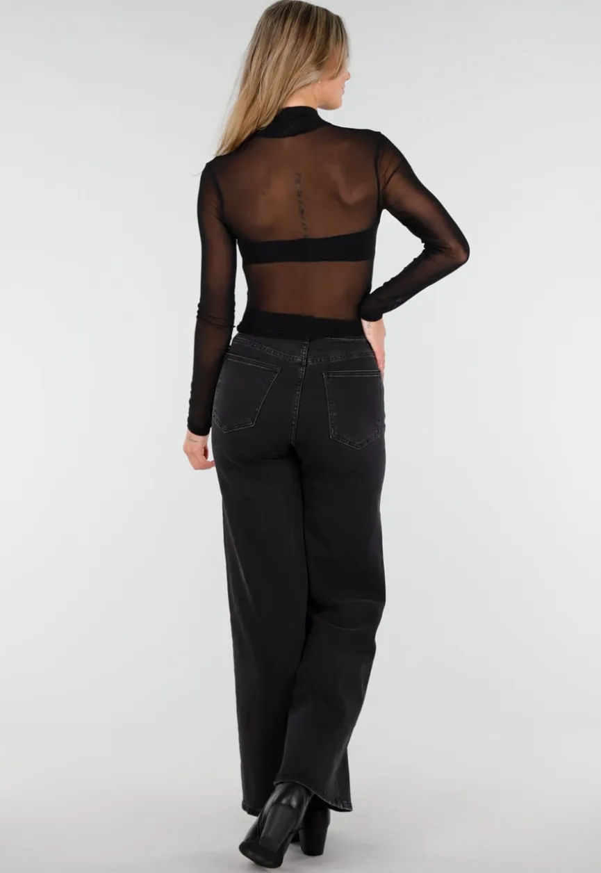 Zwarte Mesh Crop Top met Kruishals en Stretch