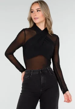 Zwarte Mesh Crop Top met Kruishals en Stretch