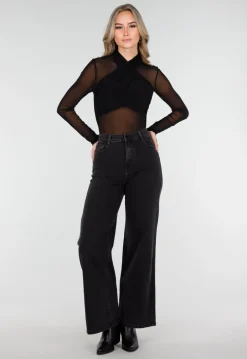 Zwarte Mesh Crop Top met Kruishals en Stretch