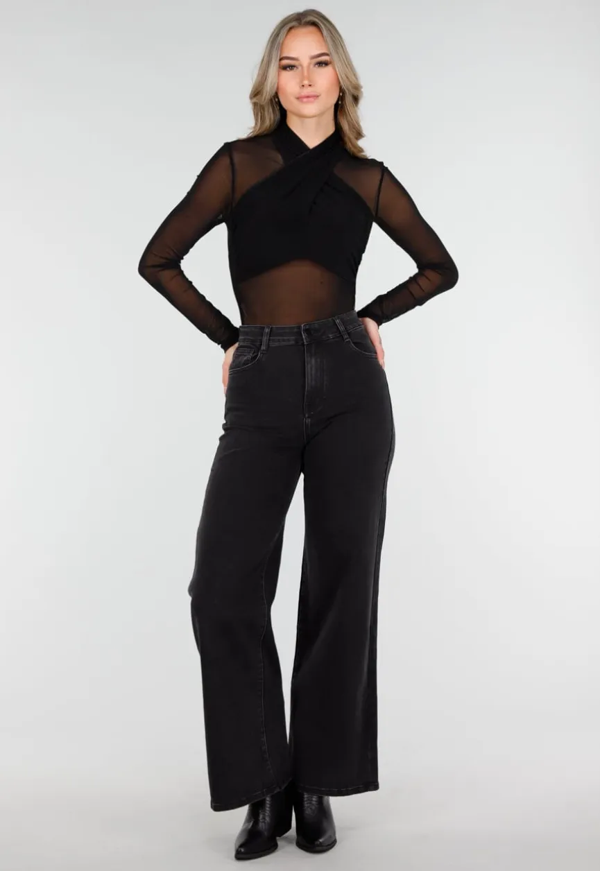 Zwarte Mesh Crop Top met Kruishals en Stretch