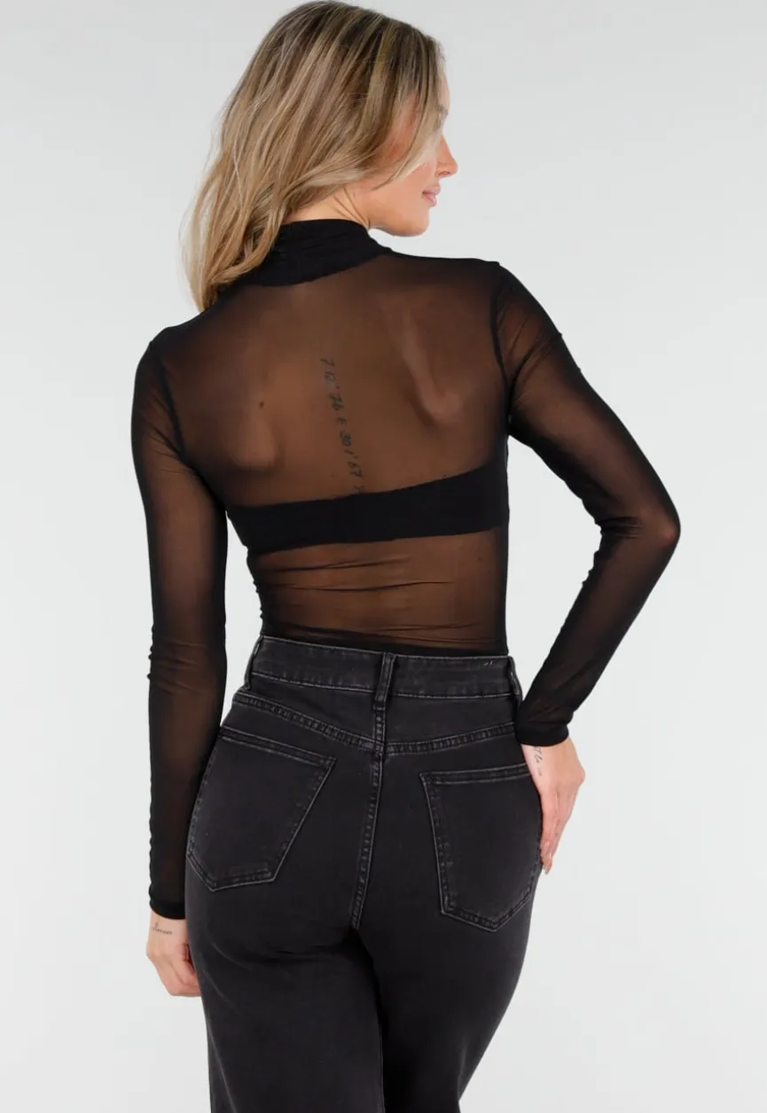 Zwarte Mesh Crop Top met Kruishals en Stretch