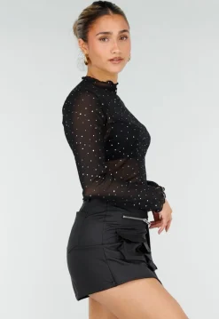 Zwarte Mesh Crop Top met Strass Steentjes en Lange Mouwen