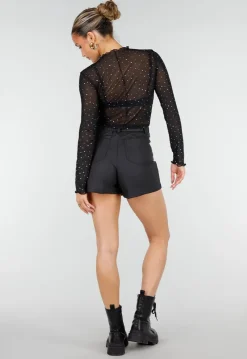 Zwarte Mesh Crop Top met Strass Steentjes en Lange Mouwen