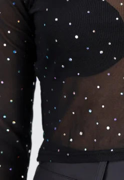 Zwarte Mesh Crop Top met Strass Steentjes en Lange Mouwen