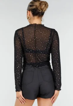 Zwarte Mesh Crop Top met Strass Steentjes en Lange Mouwen