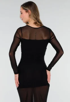 Zwarte Mesh Jurk met Lange Mouwen en Stretch