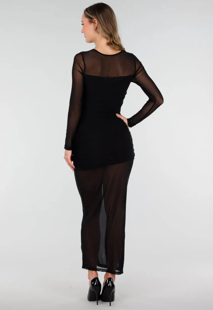 Zwarte Mesh Jurk met Lange Mouwen en Stretch