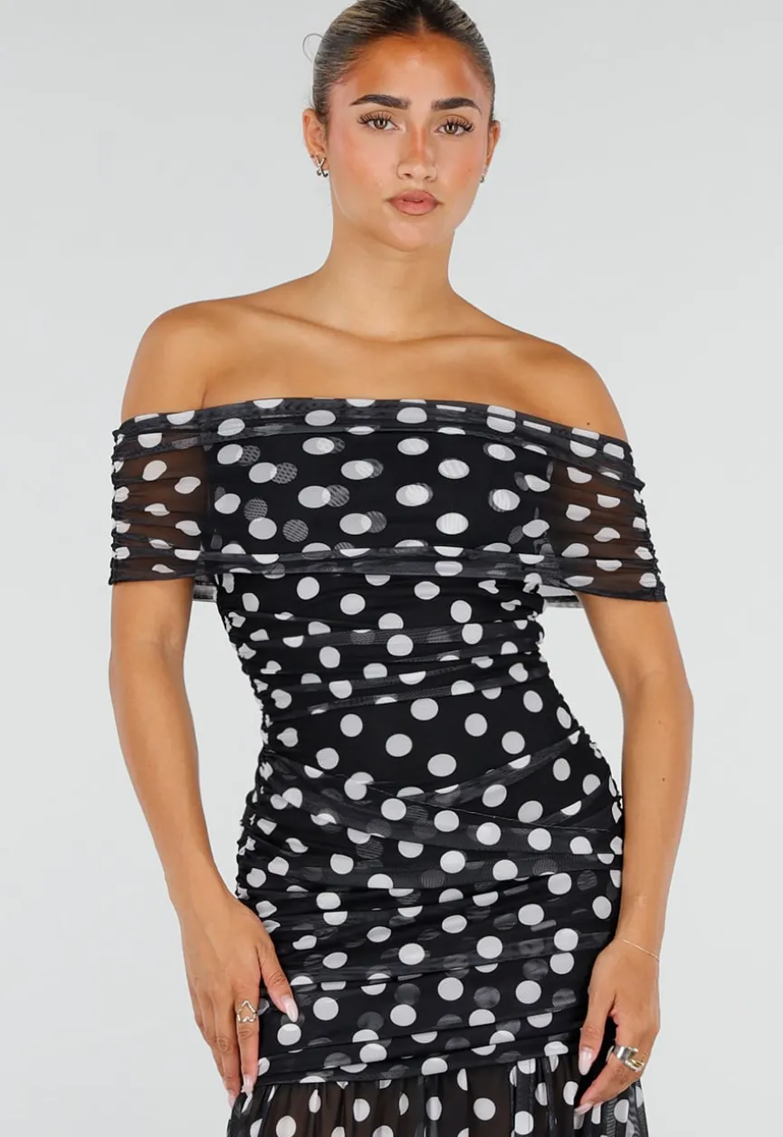 Zwarte Mesh Lange Jurk met Stippen en Split van Stretch