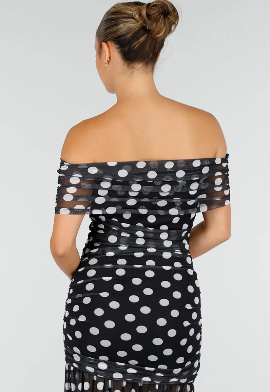 Zwarte Mesh Lange Jurk met Stippen en Split van Stretch