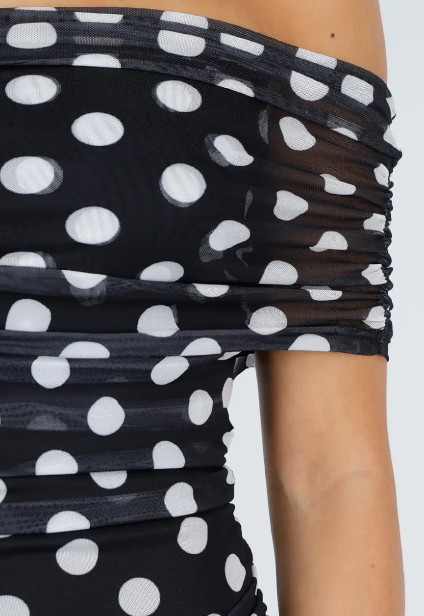 Zwarte Mesh Lange Jurk met Stippen en Split van Stretch