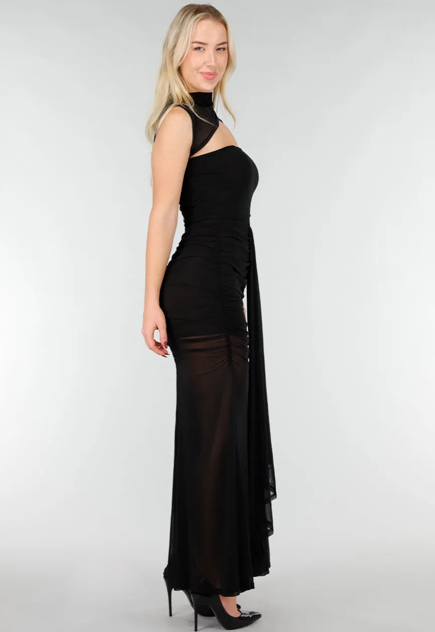 Zwarte Mesh Maxi Jurk met Cut-Out