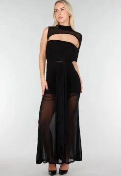 Zwarte Mesh Maxi Jurk met Cut-Out